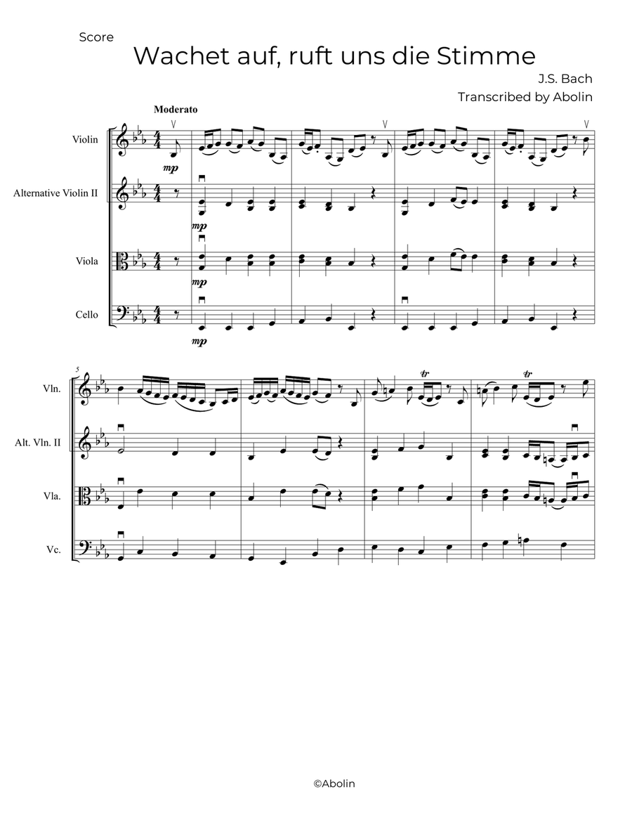Bach: Wachet auf, BWV 140 (BWV 645) - String Trio (Violin, Viola, Cello), or 2 Violins and Cello String Trio scores gallery preview page 2