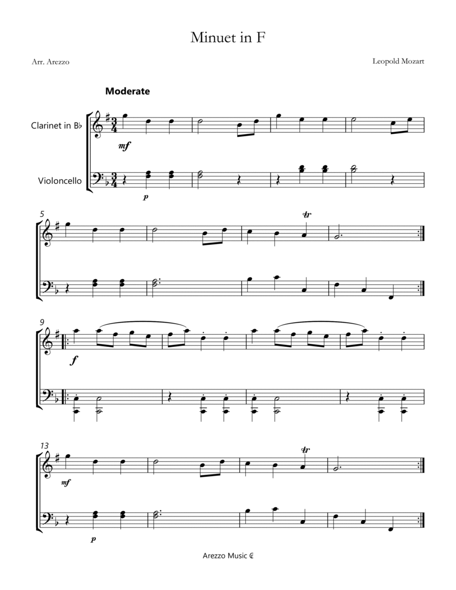 Minuet in F by Leopold Mozart - Clarinet and Cello Chamber Music scores gallery preview page 1