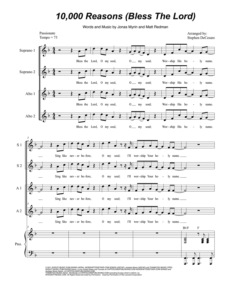10,000 Reasons (Bless The Lord) Piano, Vocal scores gallery preview page 1