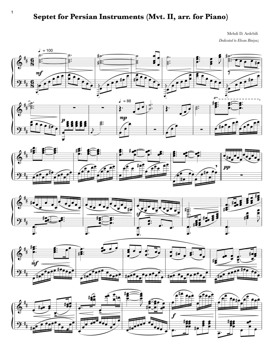 Septet for Persian Instruments (Mvt. II, arr. for Piano) Piano Solo scores gallery preview page 1