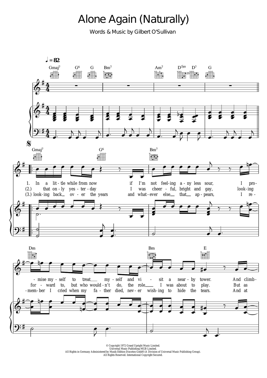 Alone Again (Naturally) by Gilbert O'Sullivan - Piano, Vocal, Guitar -  Digital Sheet Music