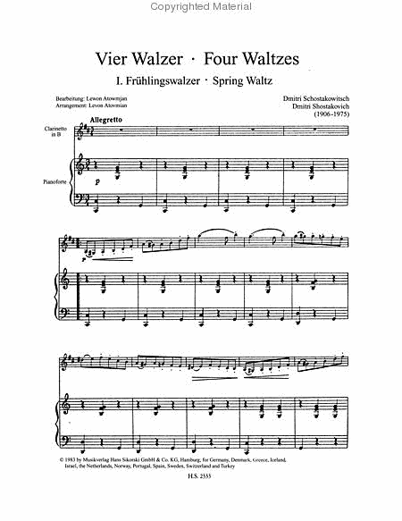 4 Waltzes by Dmitri Shostakovich - Clarinet - Sheet Music