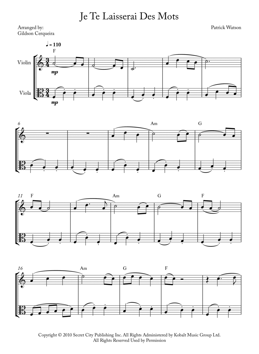 Je Te Laisserai Des Mots String Duet scores gallery preview page 1