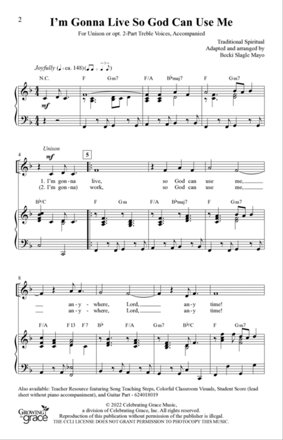 I'm Gonna Live So God Can Use Me (Digital) Unison Choir scores gallery preview page 2