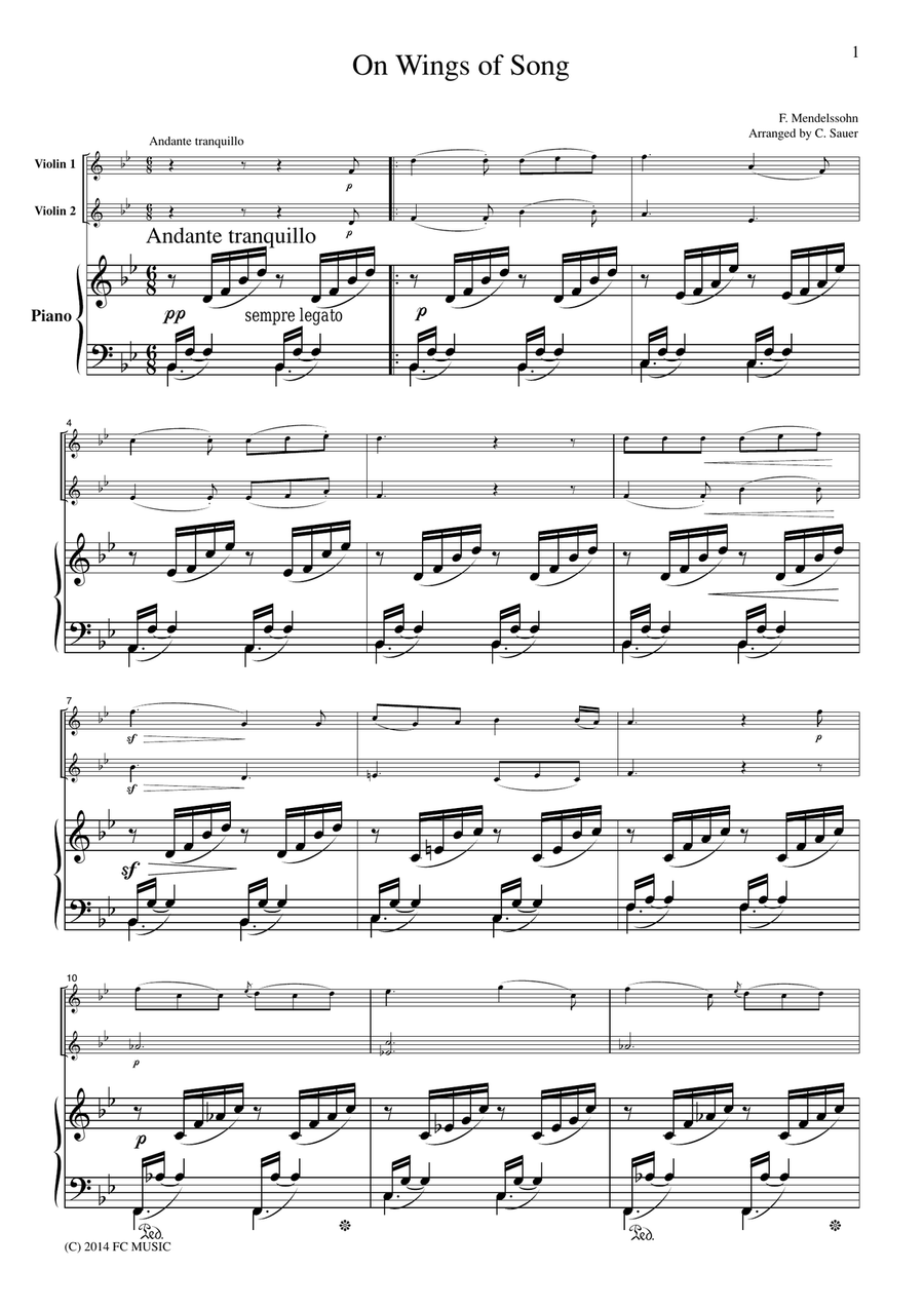 Mendelssohn On Wings of Song, for 2 Violins & Piano, VN212 Violin Solo scores gallery preview page 1