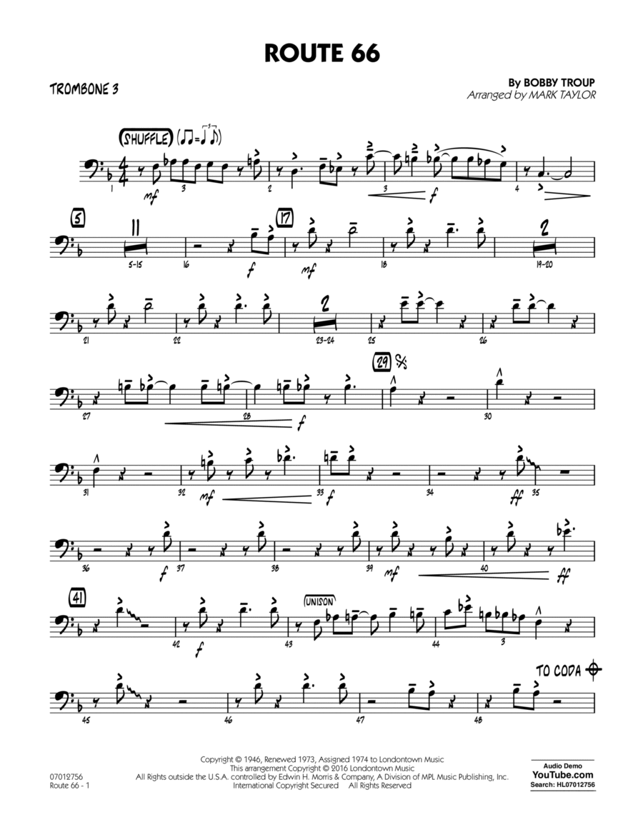 Route 66 (Key: F) - Trombone 3 Trombone scores gallery preview page 1