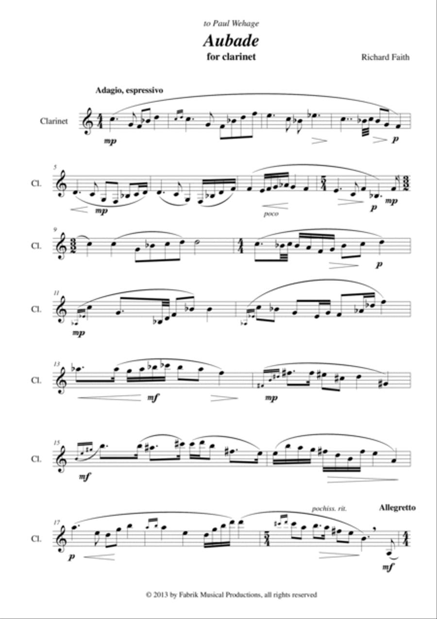 Richard Faith : Aubade for solo clarinet Richard Faith : Aubade for solo clarinet Clarinet Solo scores gallery preview page 2