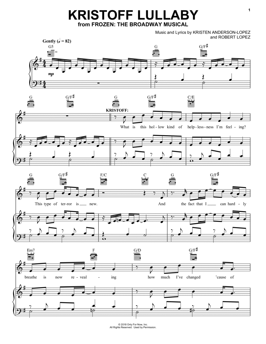 Kristoff Lullaby (from Frozen: The Broadway Musical) Piano, Vocal, Guitar scores gallery preview page 1