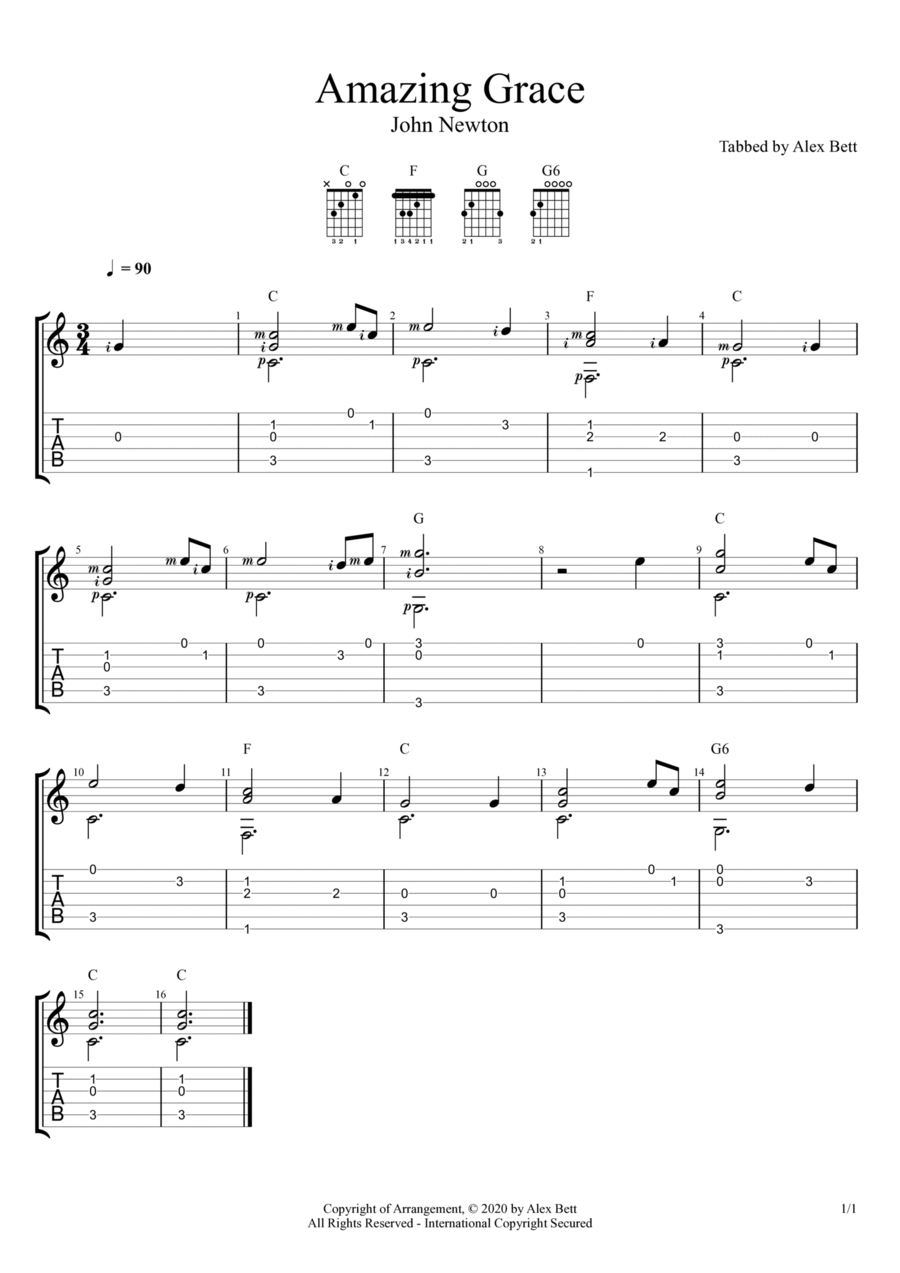 Amazing Grace (Solo Fingerstyle Guitar) Acoustic Guitar scores gallery preview page 1