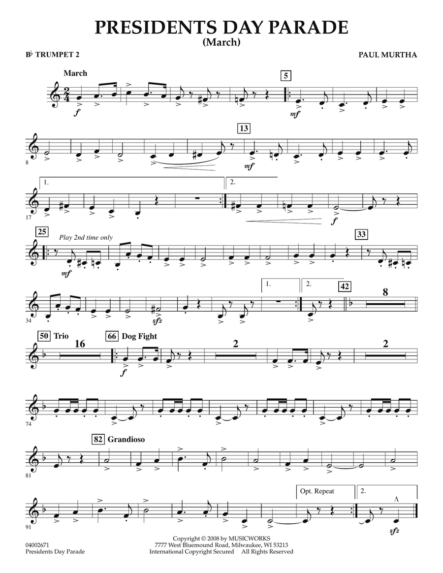 Presidents Day Parade (March) - Bb Trumpet 2 Concert Band scores gallery preview page 1