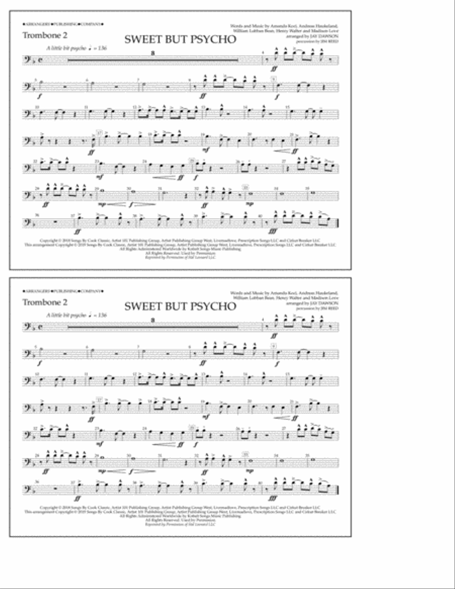Sweet But Psycho (arr. Jay Dawson) - Trombone 2 Marching Band scores gallery preview page 1