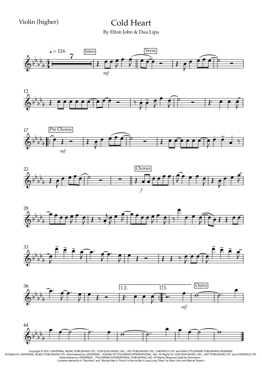 Cold Heart (pnau Remix) Violin Solo scores gallery preview page 1