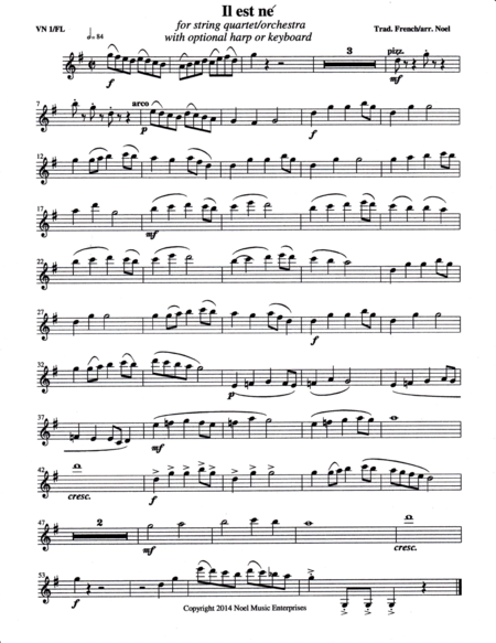 Il est ne (He Is Born) parts, arranged for string quartet or flute quartet with optional harp or key image number null