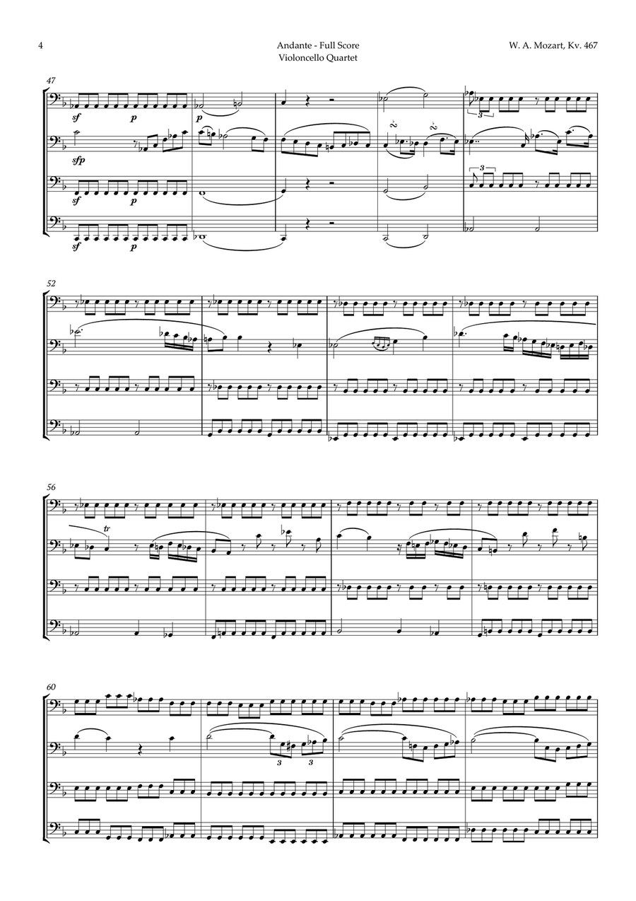 Andante from Piano Concerto No. 21 by Mozart for Cello Quartet String Quartet scores gallery preview page 4
