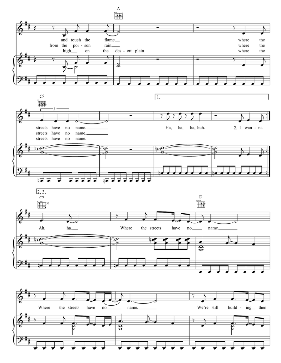 Where The Streets Have No Name Piano, Vocal, Guitar scores gallery preview page 4