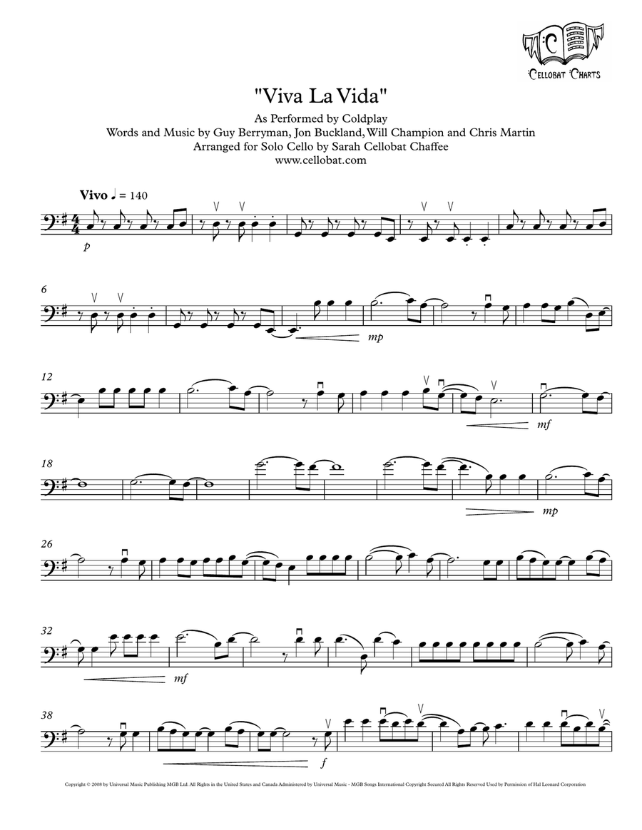 Viva La Vida Cello Solo scores gallery preview page 1