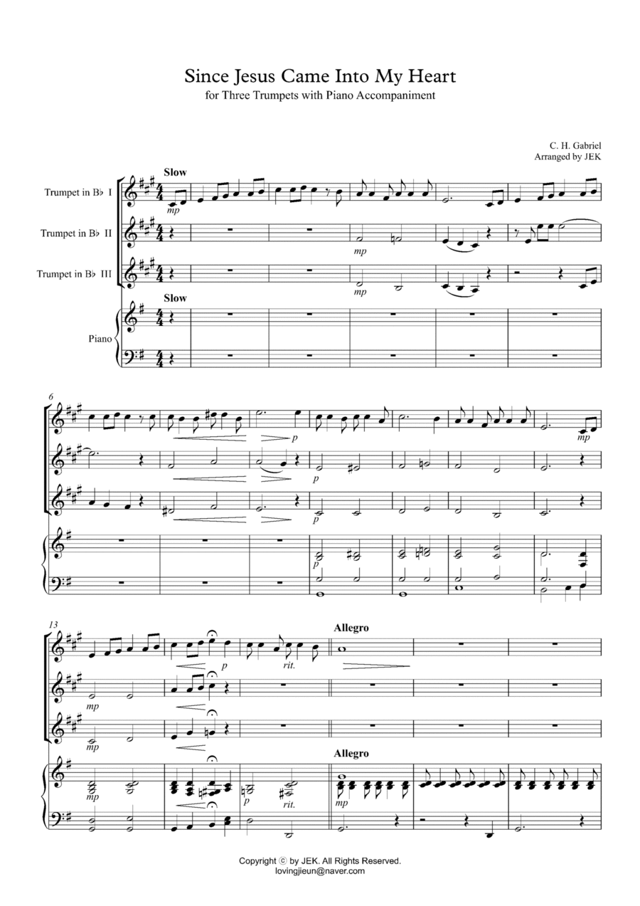 HYMN FOR TRUMPET TRIO - Since Jesus Came Into My Heart (G major) Trumpet Trio scores gallery preview page 1