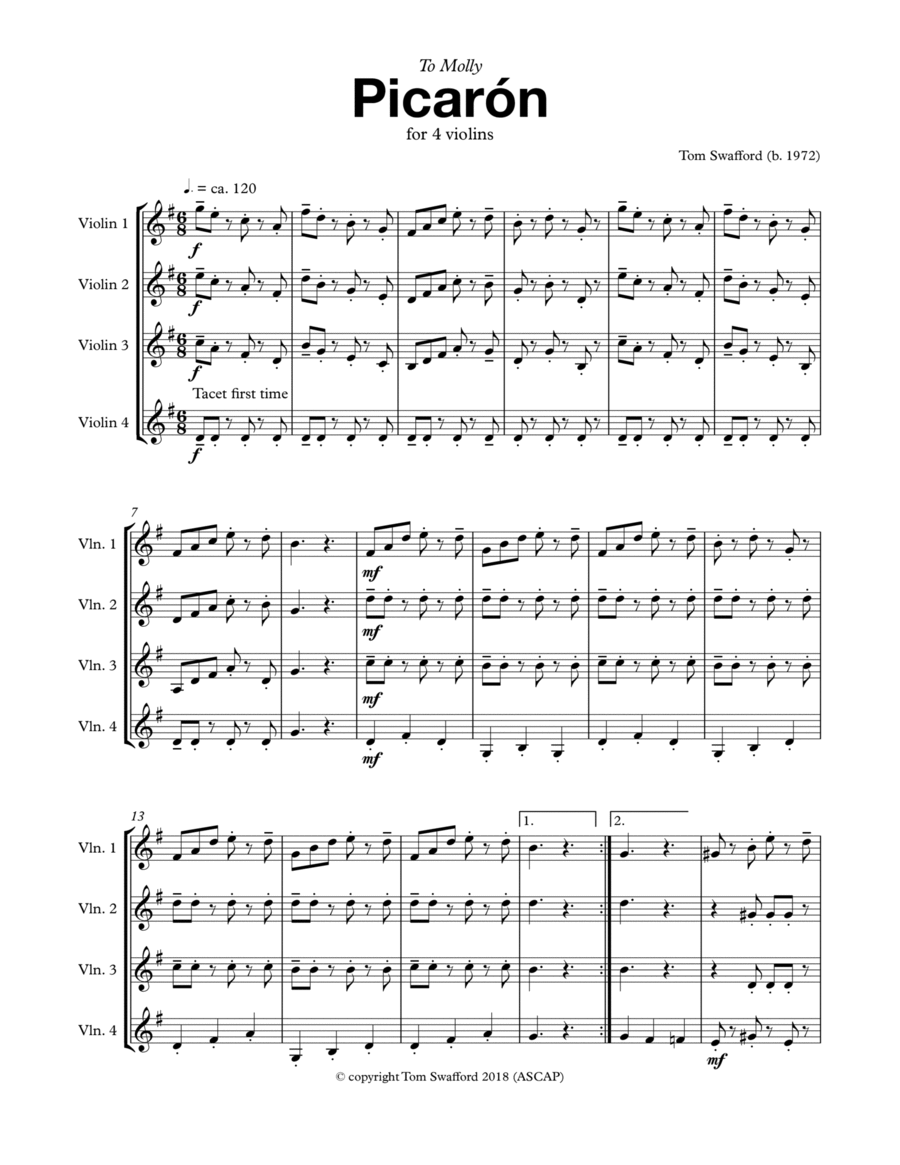 Picarón for four violins Picarón for four violins Violin Solo scores gallery preview page 1
