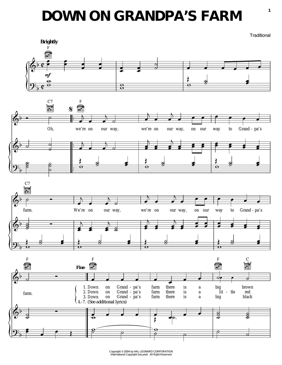 Down On Grandpa's Farm Down On Grandpa's Farm Piano, Vocal, Guitar scores gallery preview page 1