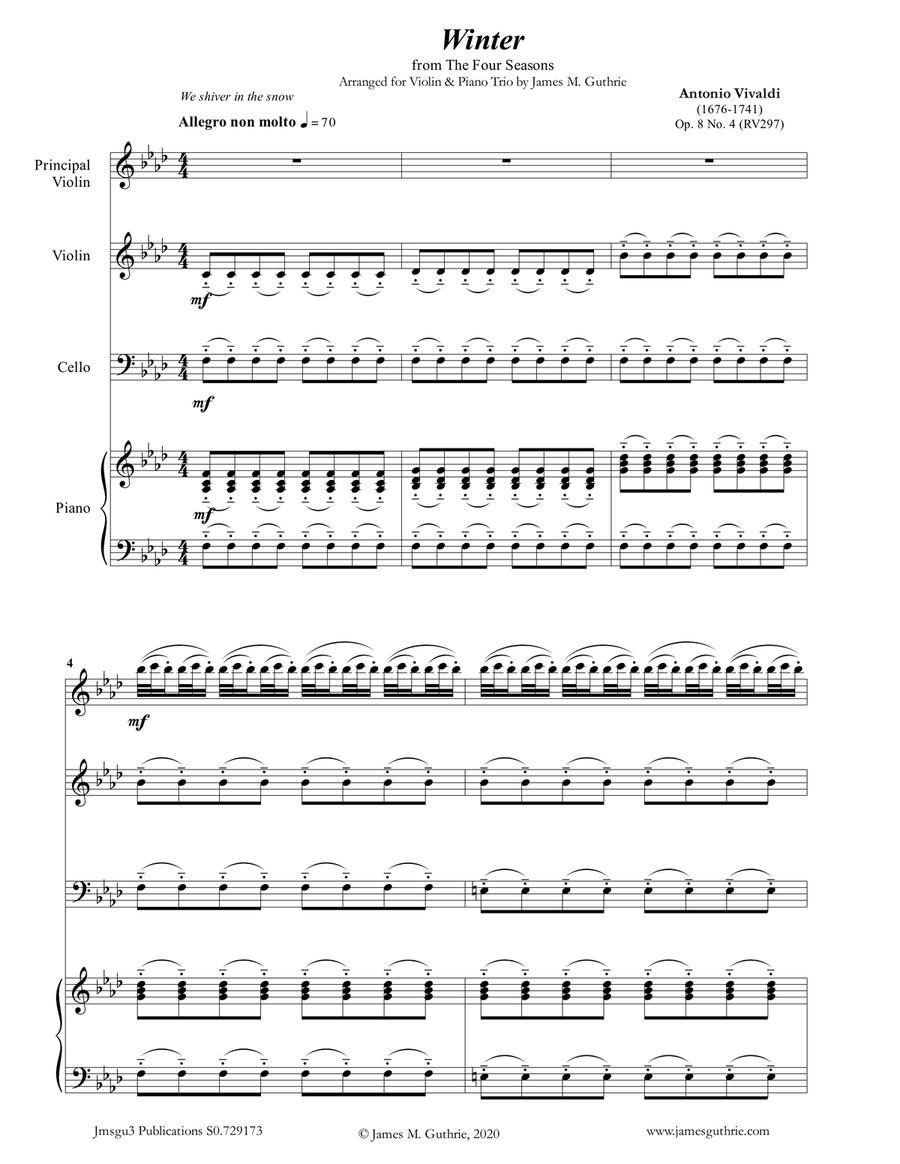 Vivaldi: Winter from the Four Seasons for Violin & Piano Trio Piano Trio scores gallery preview page 1