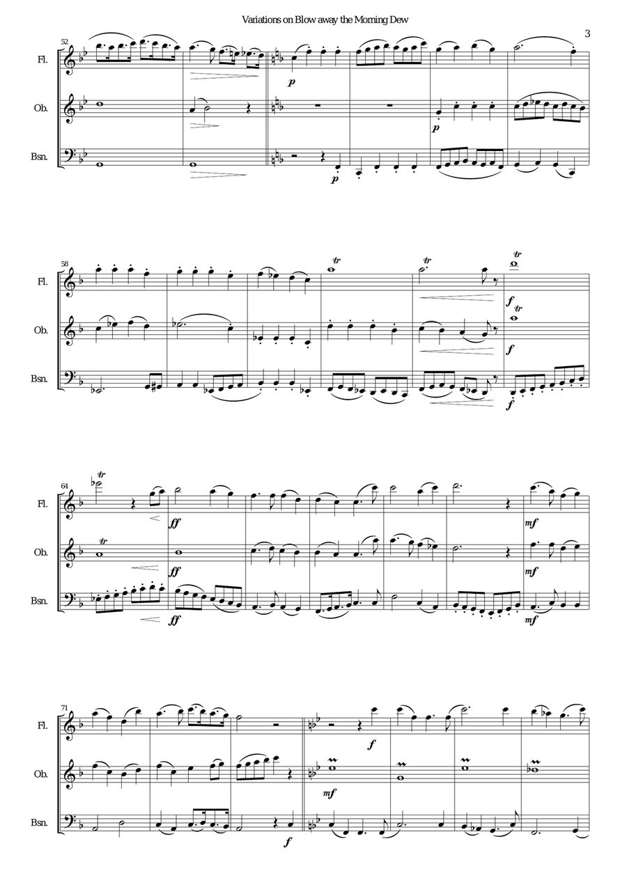 Variations on Blow away the morning dew for wind trio (flute, oboe, bassoon) Woodwind Trio scores gallery preview page 3