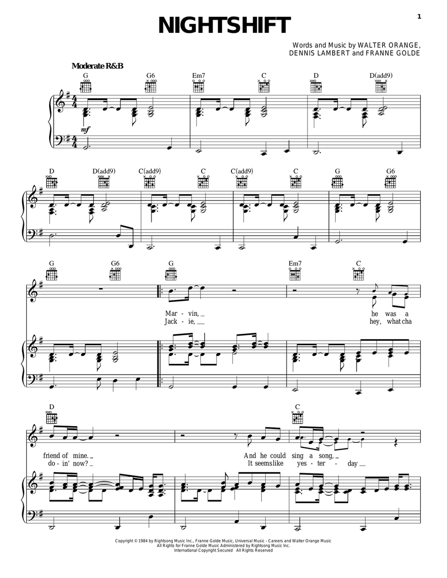 Nightshift Piano, Vocal, Guitar scores gallery preview page 1