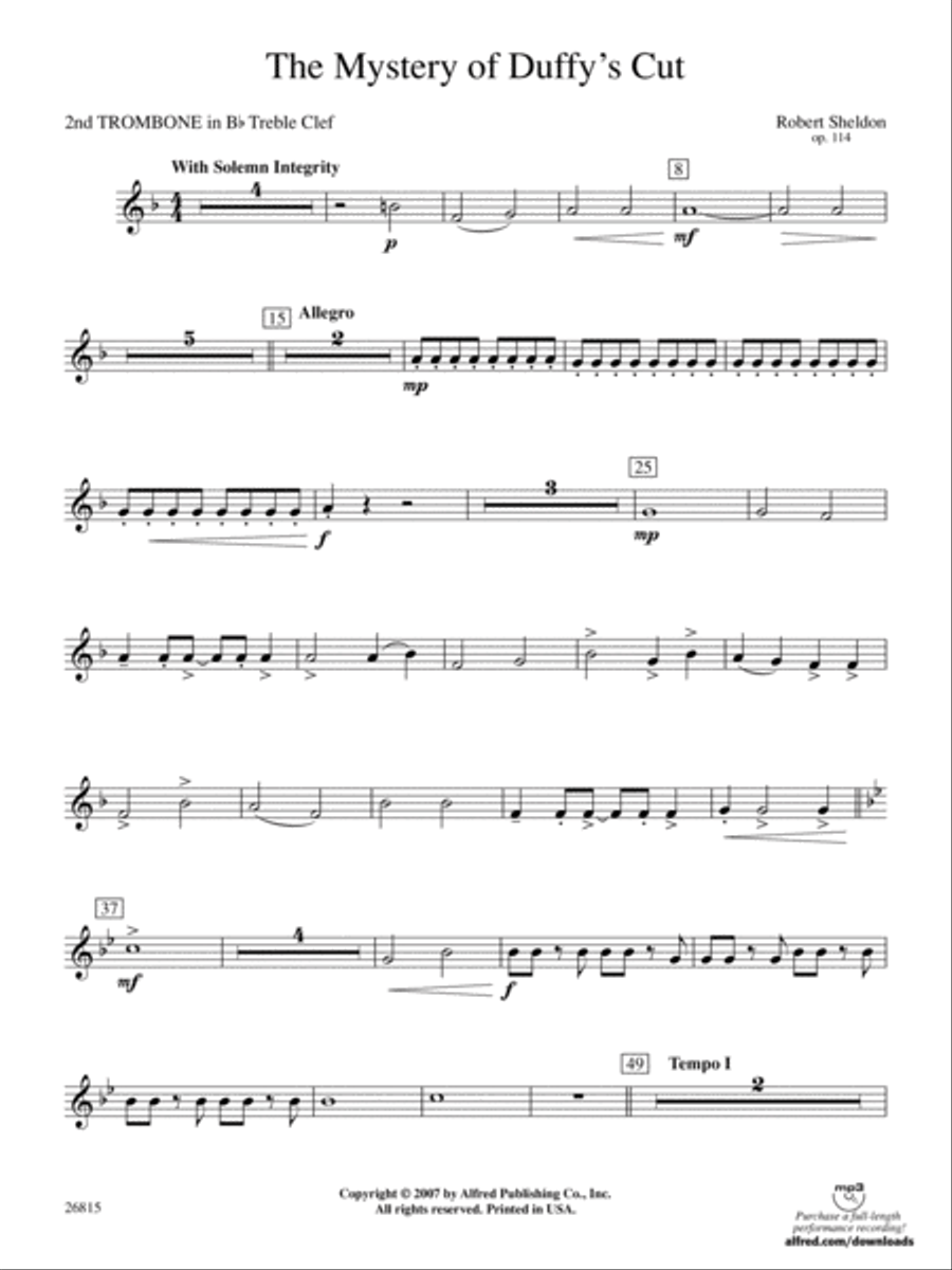 The Mystery of Duffy's Cut: (World Part) 2nd B-flat Trombone T.C. Concert Band scores gallery preview page 1