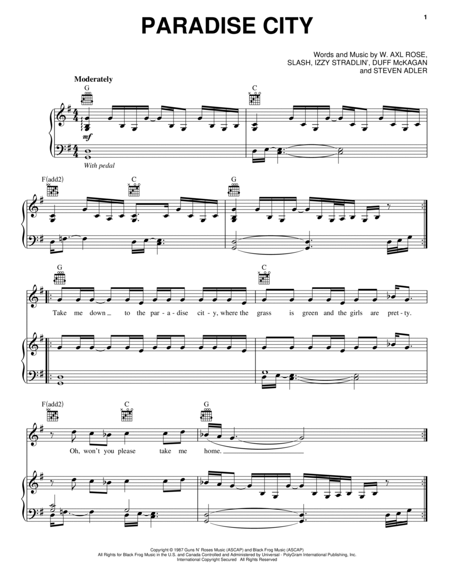 Paradise City Piano, Vocal, Guitar scores gallery preview page 1
