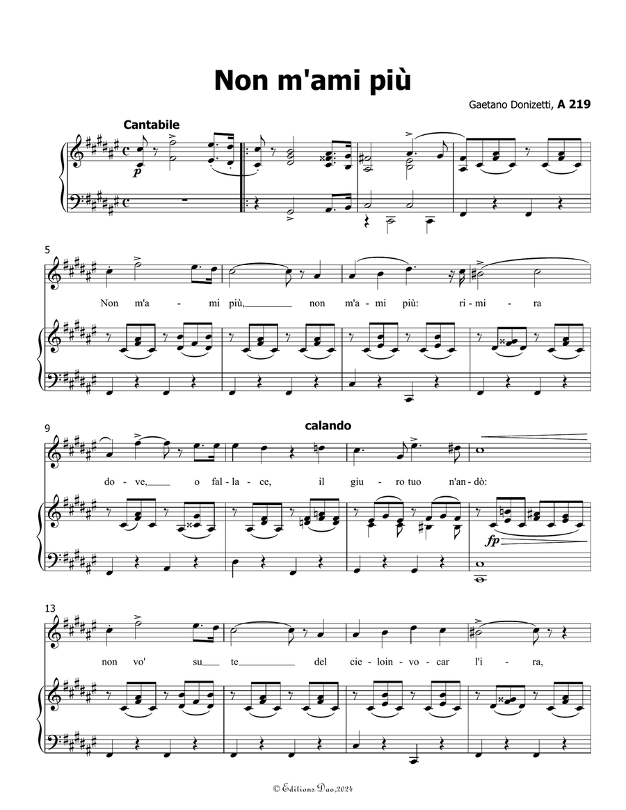 Non m'ami più, by Donizetti, in F sharp Major Piano, Vocal scores gallery preview page 3