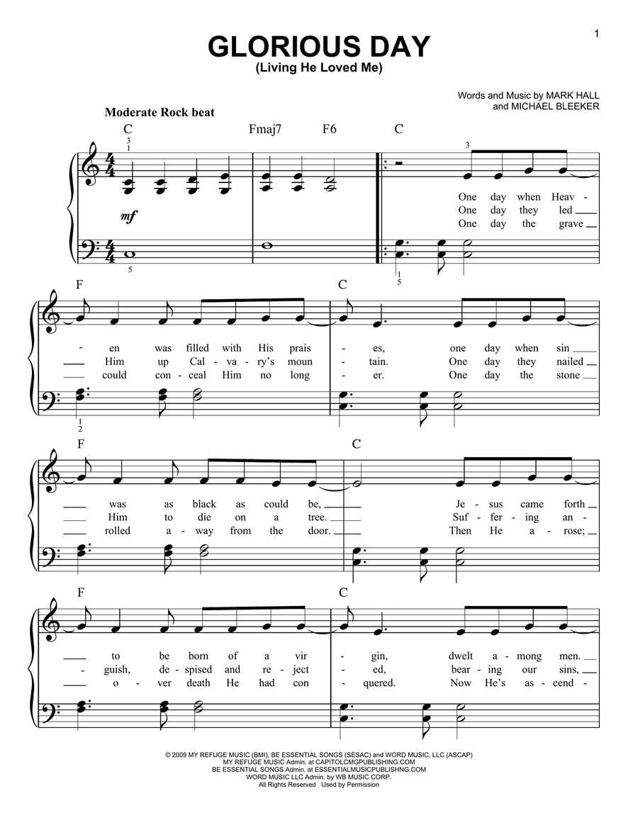 Glorious Day (Living He Loved Me) Easy Piano scores gallery preview page 1
