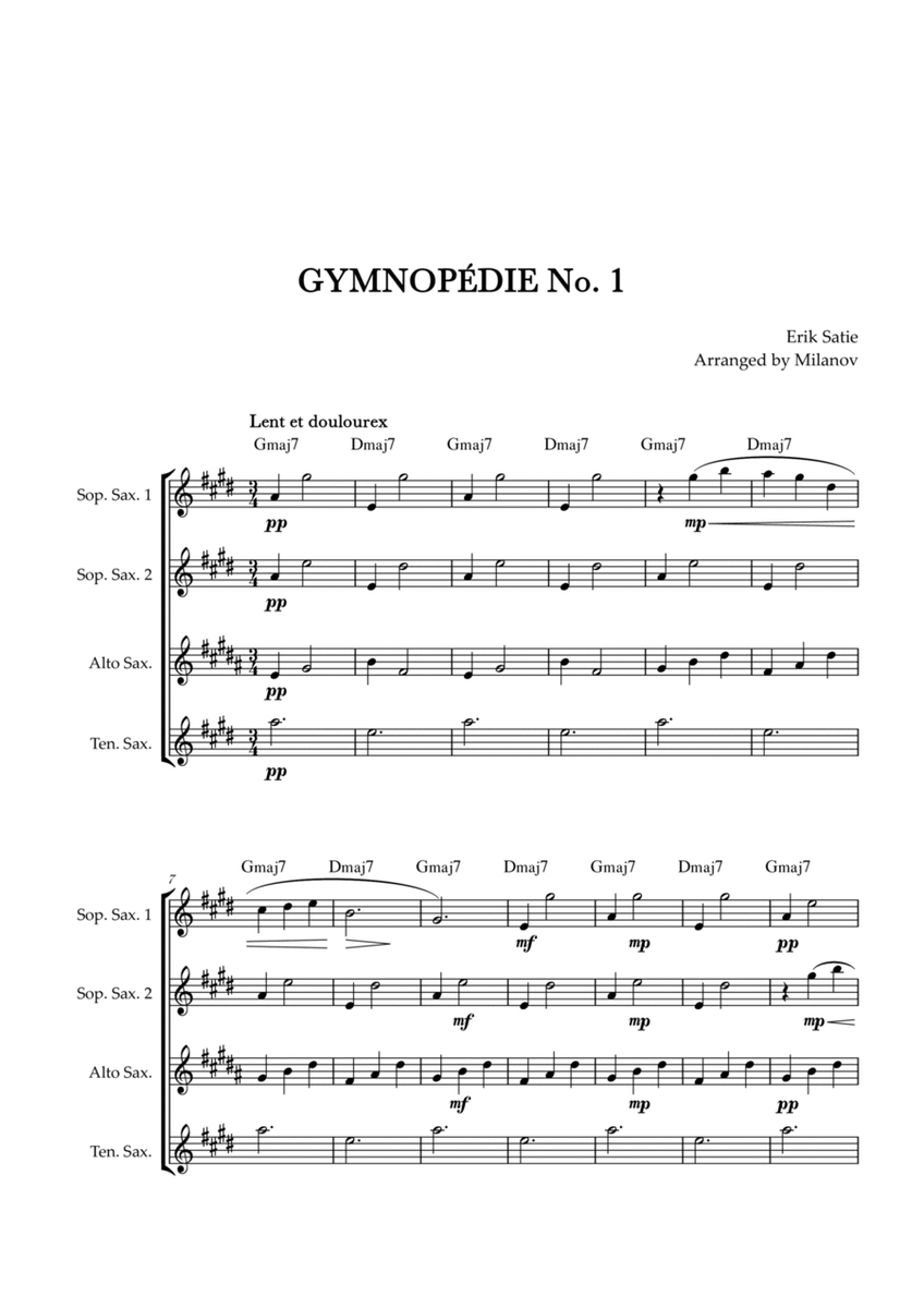 Gymnopédie no 1 | Saxophone Quartet | Original Key | Chords | Easy intermediate image number null