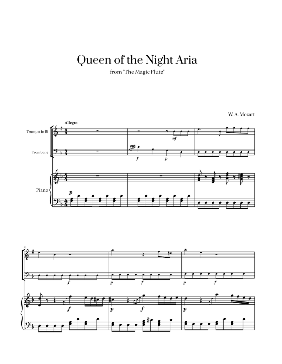 W. A. Mozart - Queen of the Night Aria for Trumpet in Bb, Trombone and Piano Brass Duet scores gallery preview page 1