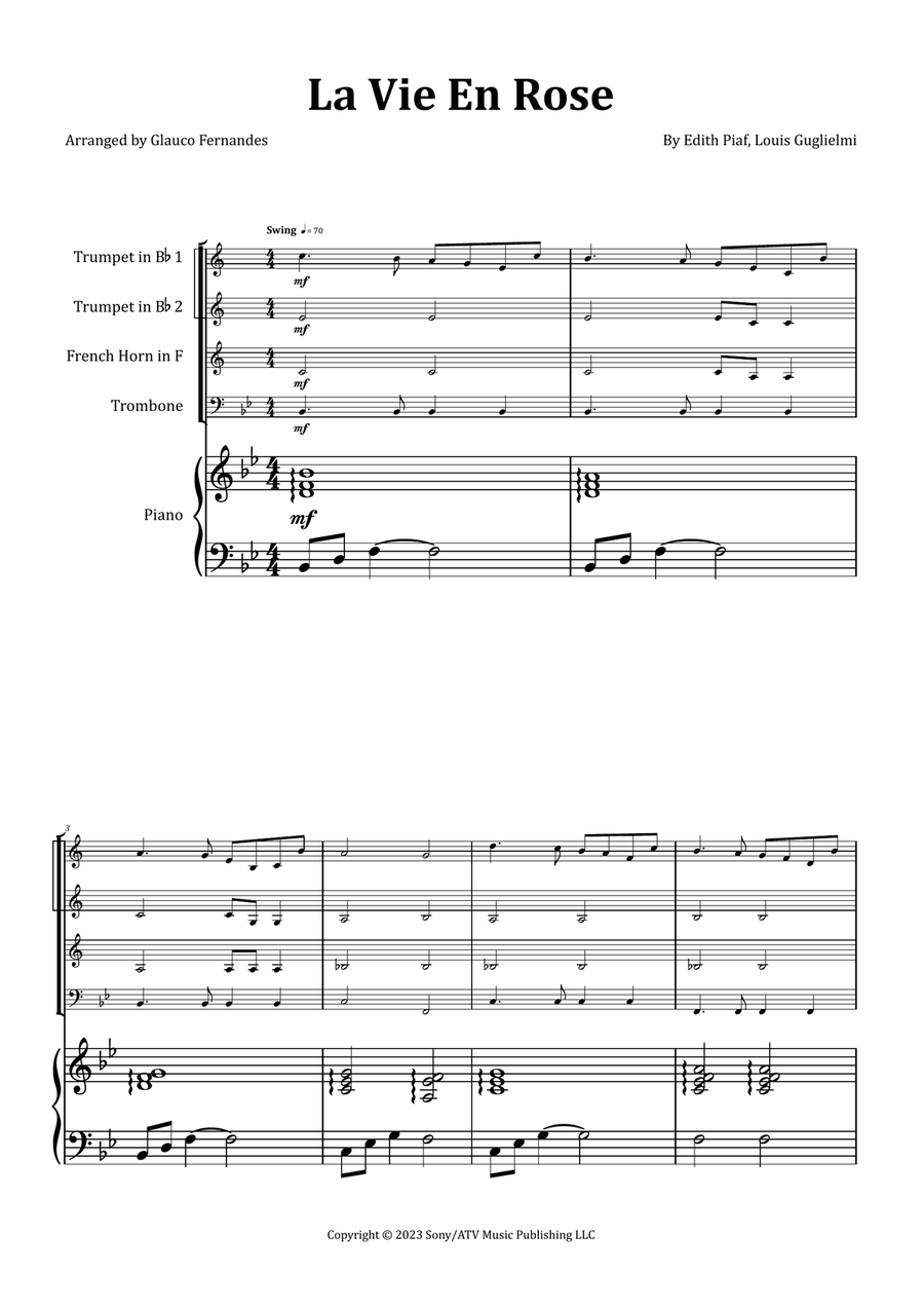 La Vie En Rose by Edith Piaf Brass Quartet - Digital Sheet Music