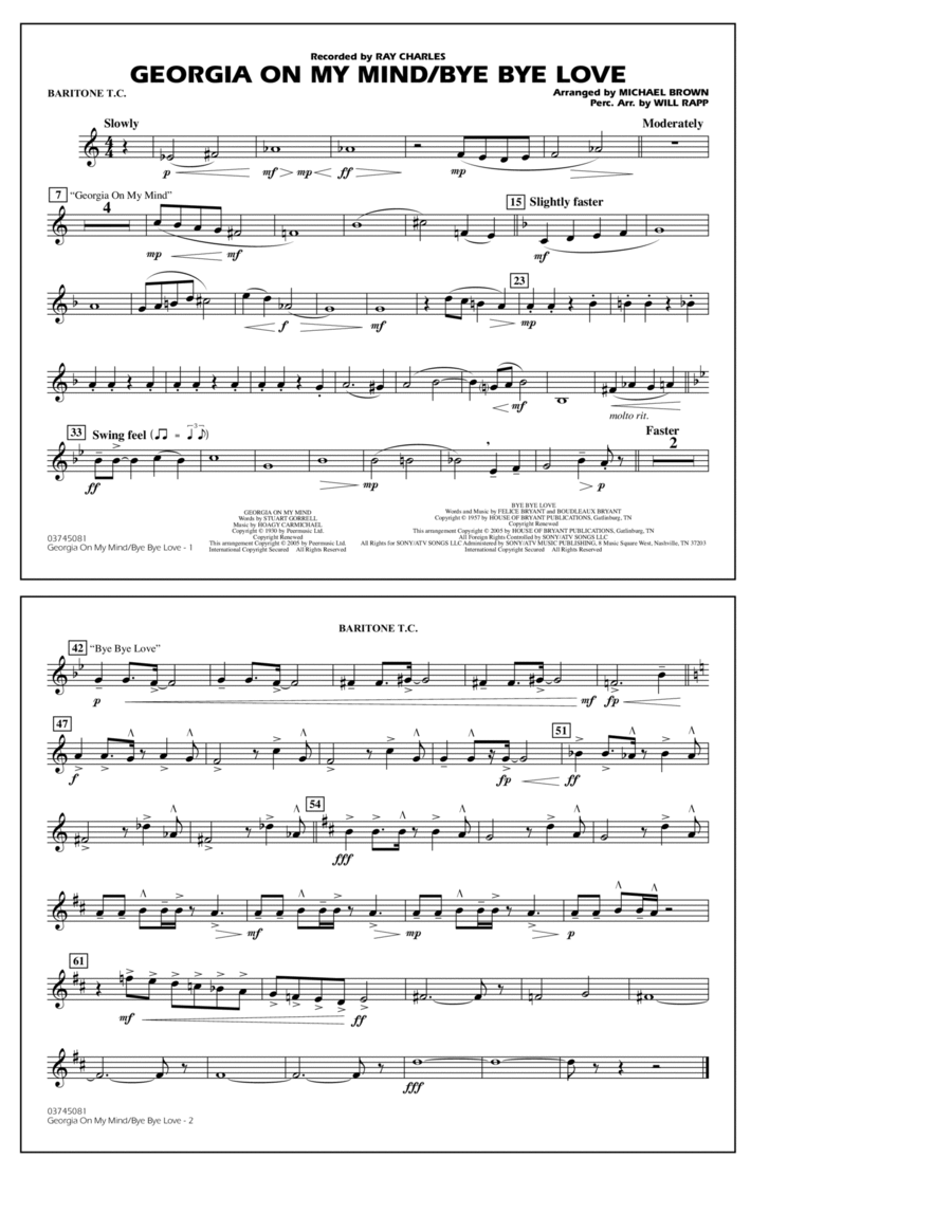 Georgia On My Mind/Bye Bye Love (arr. Michael Brown) - Baritone T.C. Marching Band scores gallery preview page 1