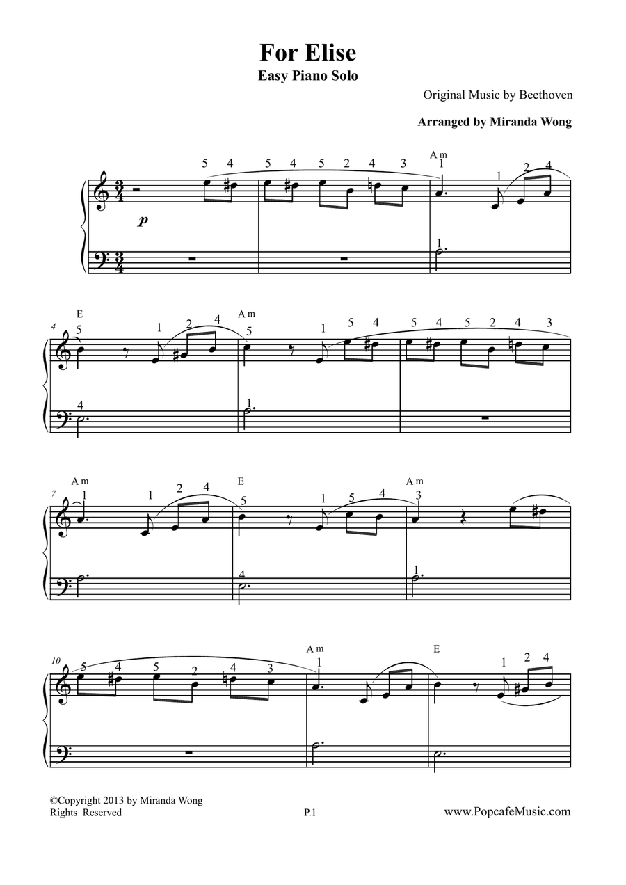 For Elise - Easy Piano Version (With Fingerings) 4-Part scores gallery preview page 1