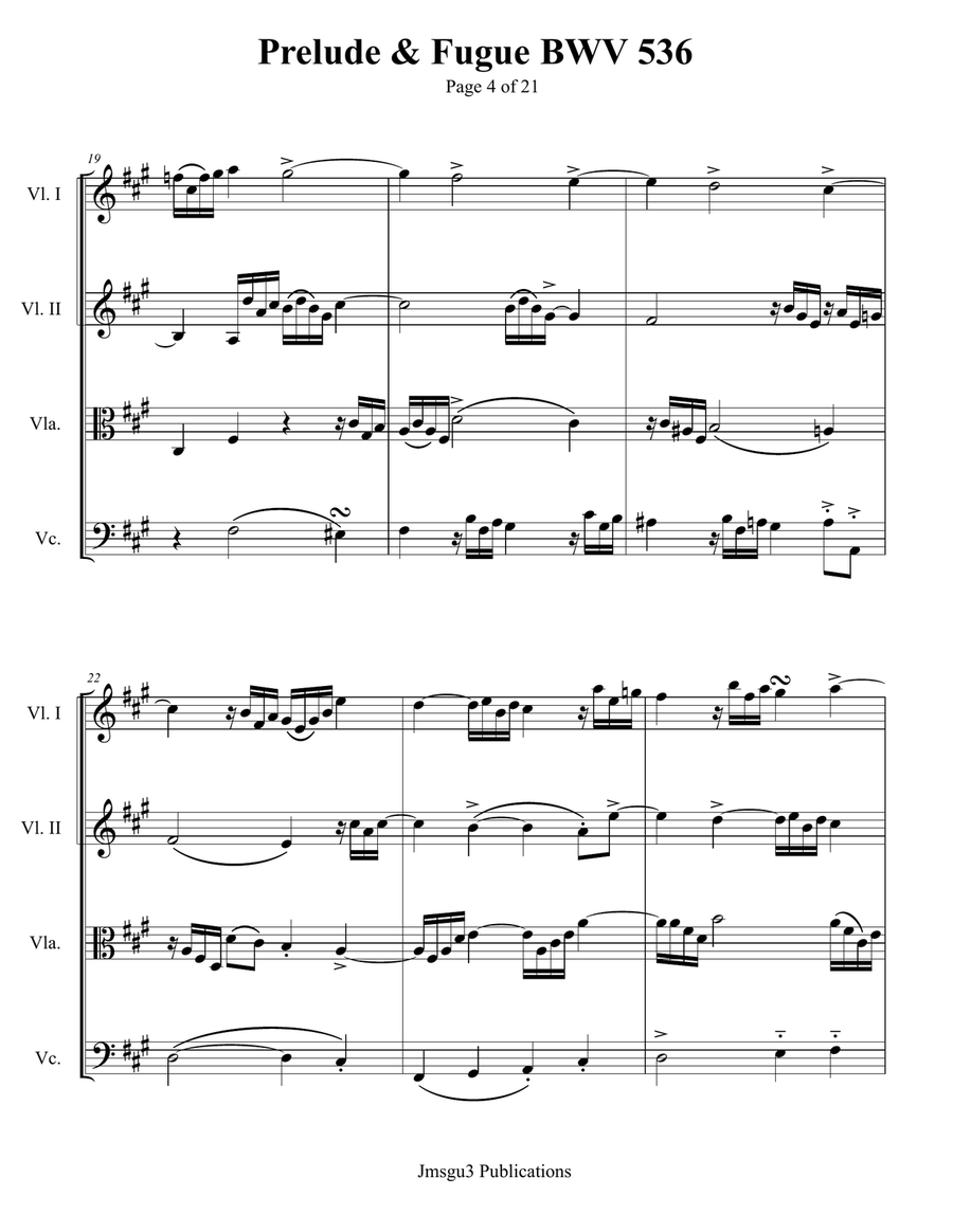 Bach: Prelude & Fugue in A Major BWV 536 String Quartet scores gallery preview page 4