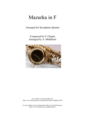 Book cover for Mazurka in F Major arranged for Saxophone Quartet