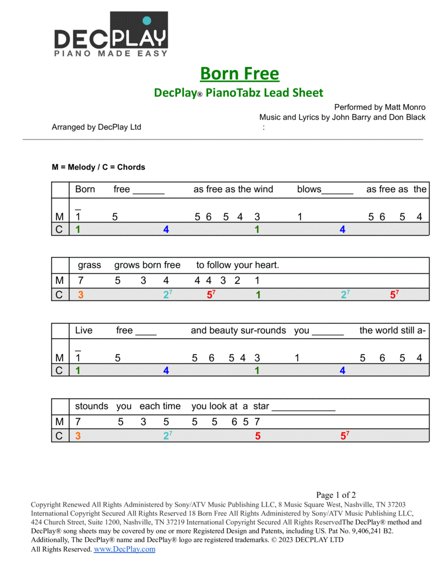 Born Free Easy Piano scores gallery preview page 1