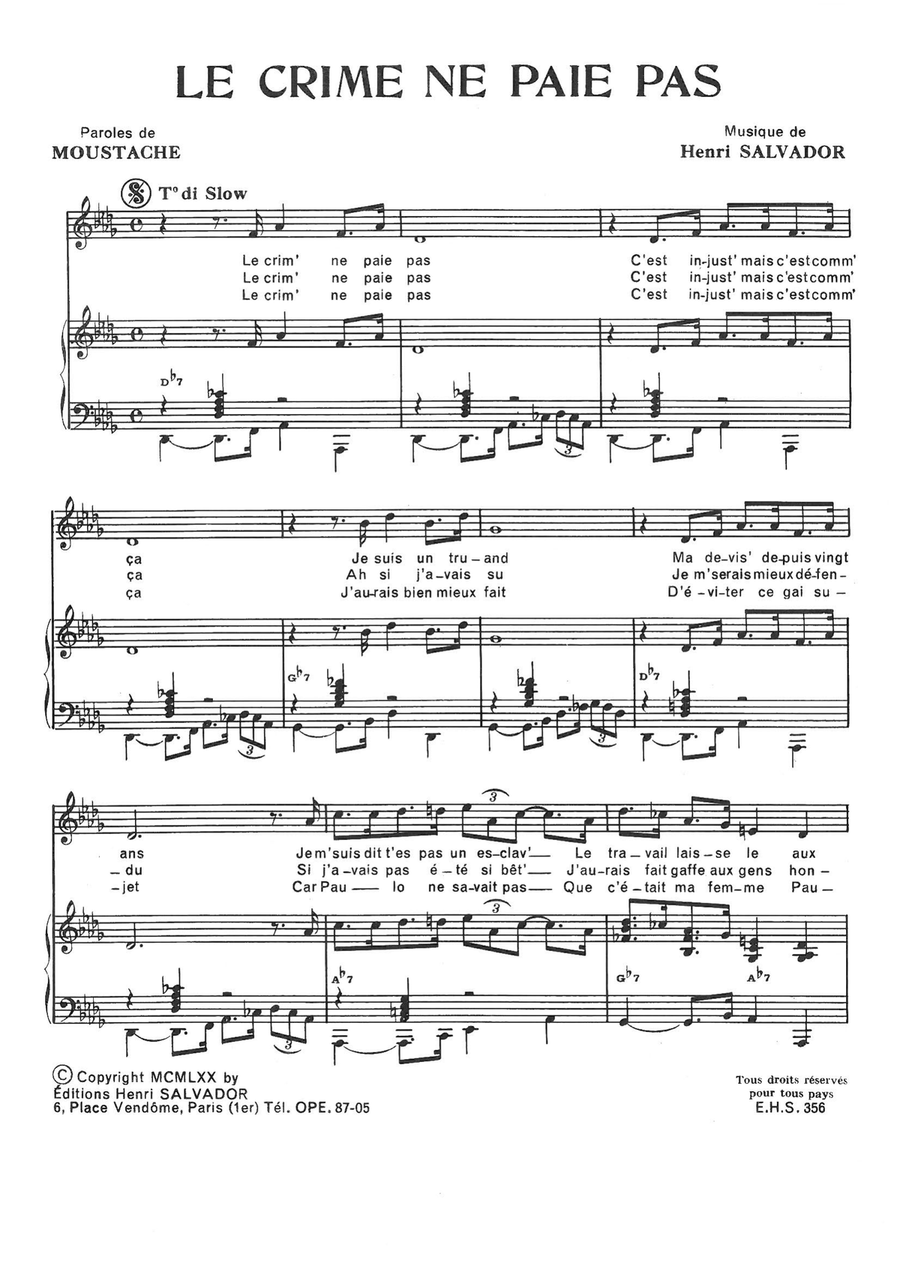 Crime Ne Paie Pas Crime Ne Paie Pas Piano, Vocal scores gallery preview page 1