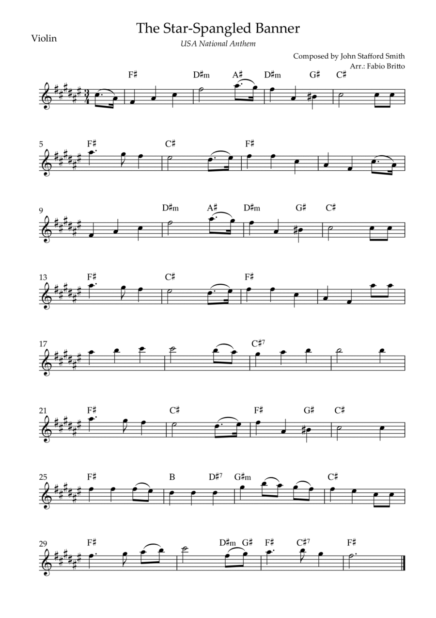 The Star Spangled Banner (USA National Anthem) for Violin Solo with Chords (F# Major) Violin Solo scores gallery preview page 1
