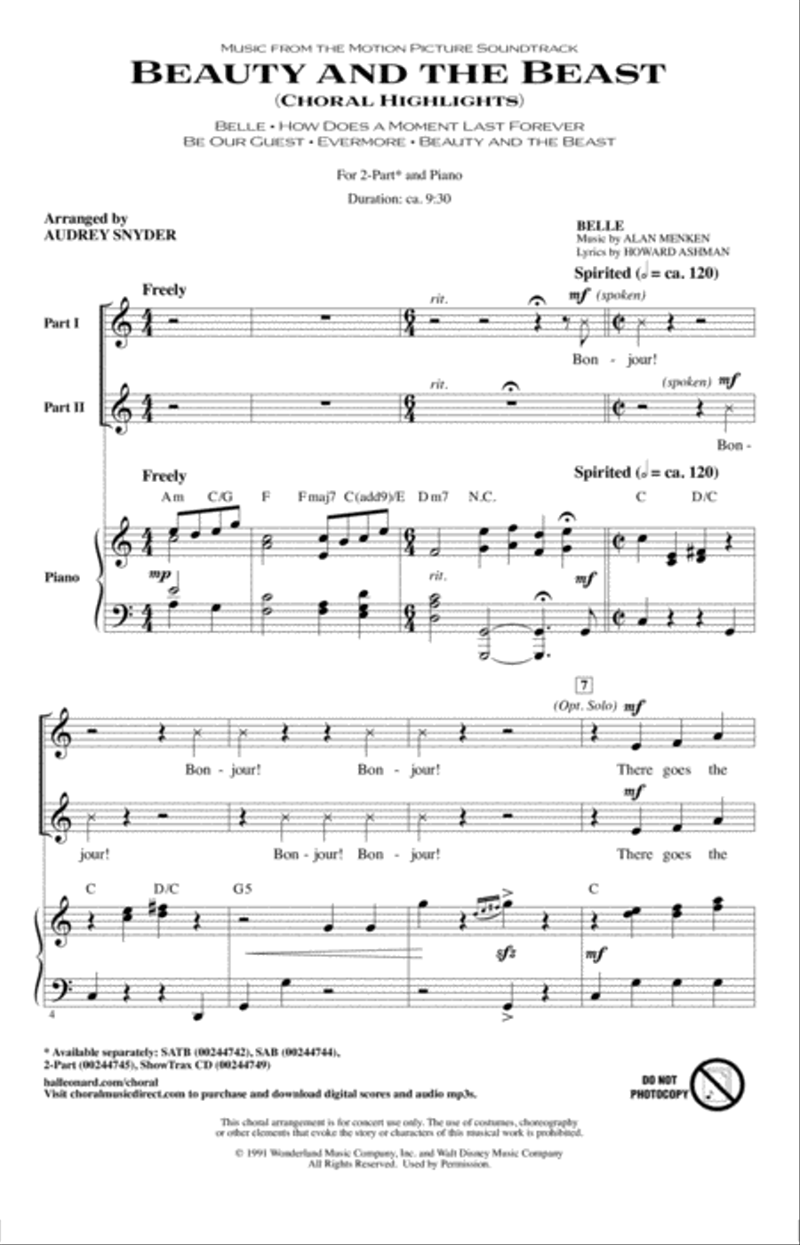 Beauty and The Beast (Choral Highlights) 2-Part scores gallery preview page 1