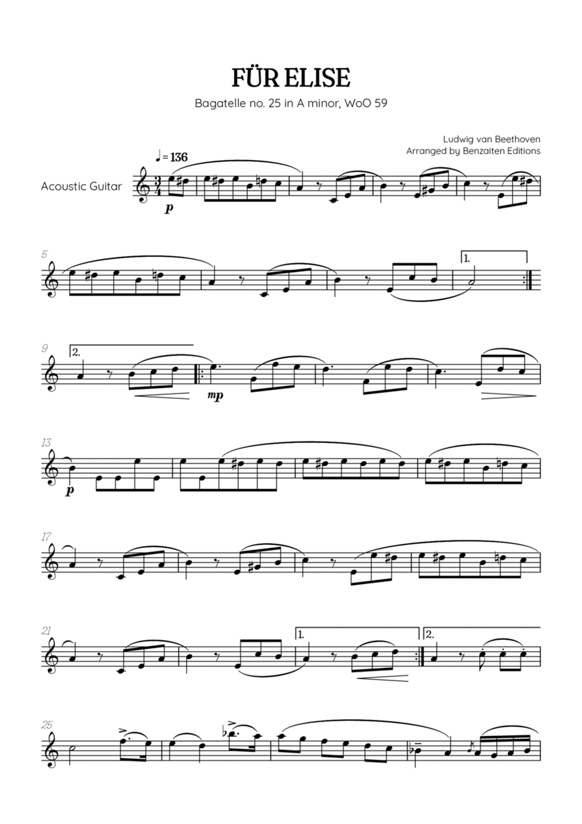 Beethoven • Für Elise / Pour Elise • acoustic guitar sheet music image number null