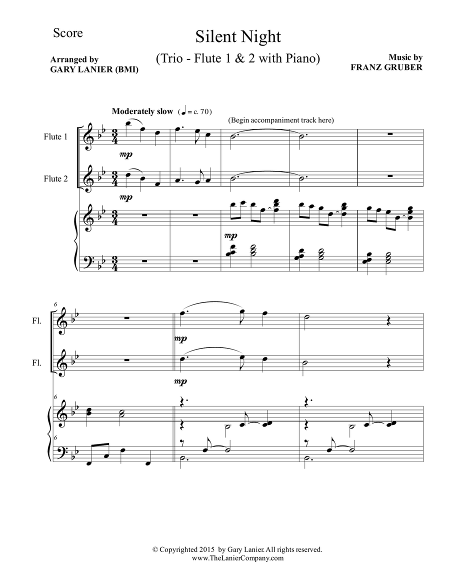 Gary Lanier: SILENT NIGHT (Trio – Flute 1, Flute 2 & Piano with Score & Parts) Flute scores gallery preview page 2