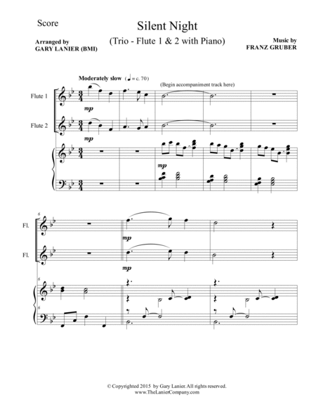 Gary Lanier: SILENT NIGHT (Trio – Flute 1, Flute 2 & Piano with Score & Parts) image number null