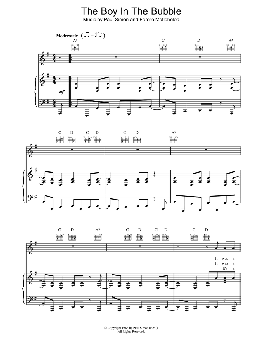 The Boy In The Bubble Piano, Vocal, Guitar scores gallery preview page 1