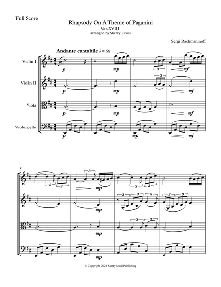 RHAPSODY ON A THEME OF PAGANINI String Quartet, Intermediate Level for 2 violins, viola and cello image number null