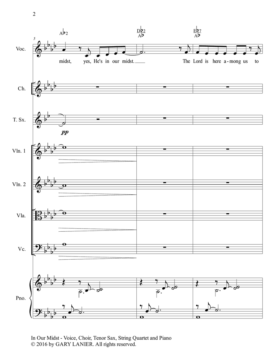Gary Lanier: IN OUR MIDST (Worship - For Voice, Choir, Tenor Sax, String Quartet and Piano with Part Choir scores gallery preview page 3