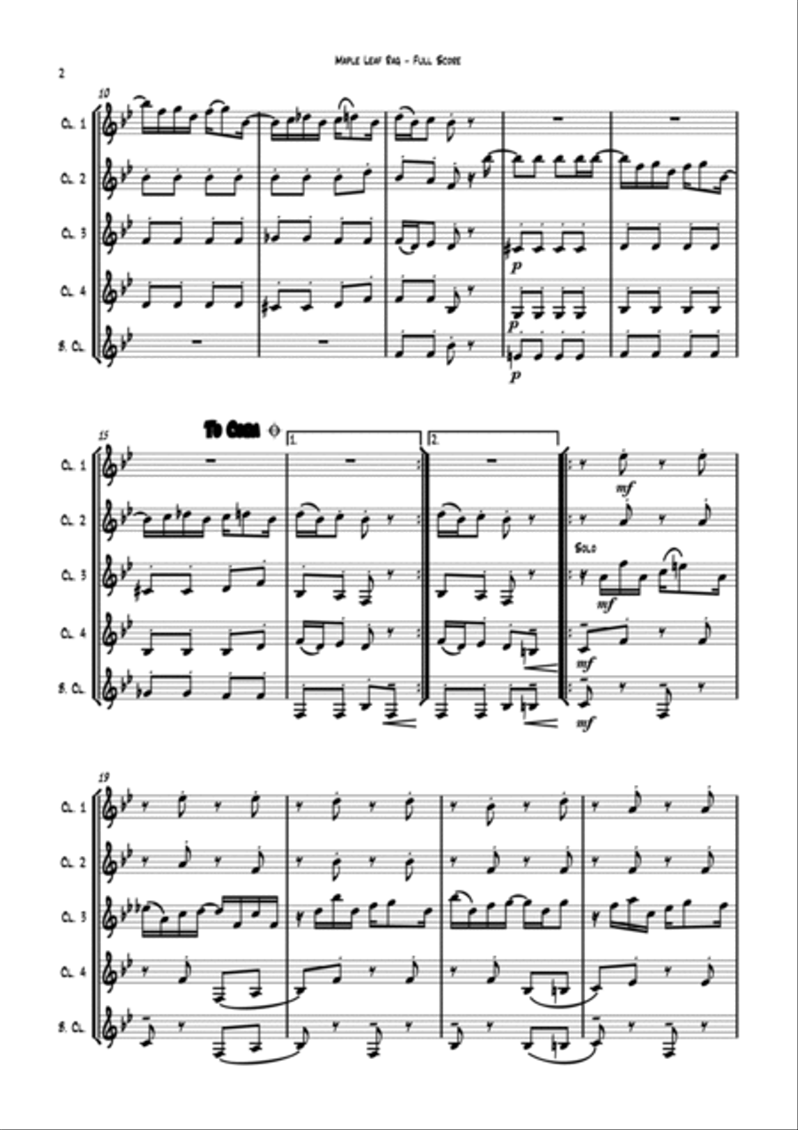 Maple Leaf Rag - for Clarinet Quintet (4Bb & Bass Clarinet) arr. Carson Yu Clarinet Quintet scores gallery preview page 5