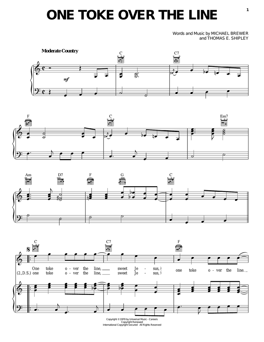 One Toke Over The Line Piano, Vocal, Guitar scores gallery preview page 1