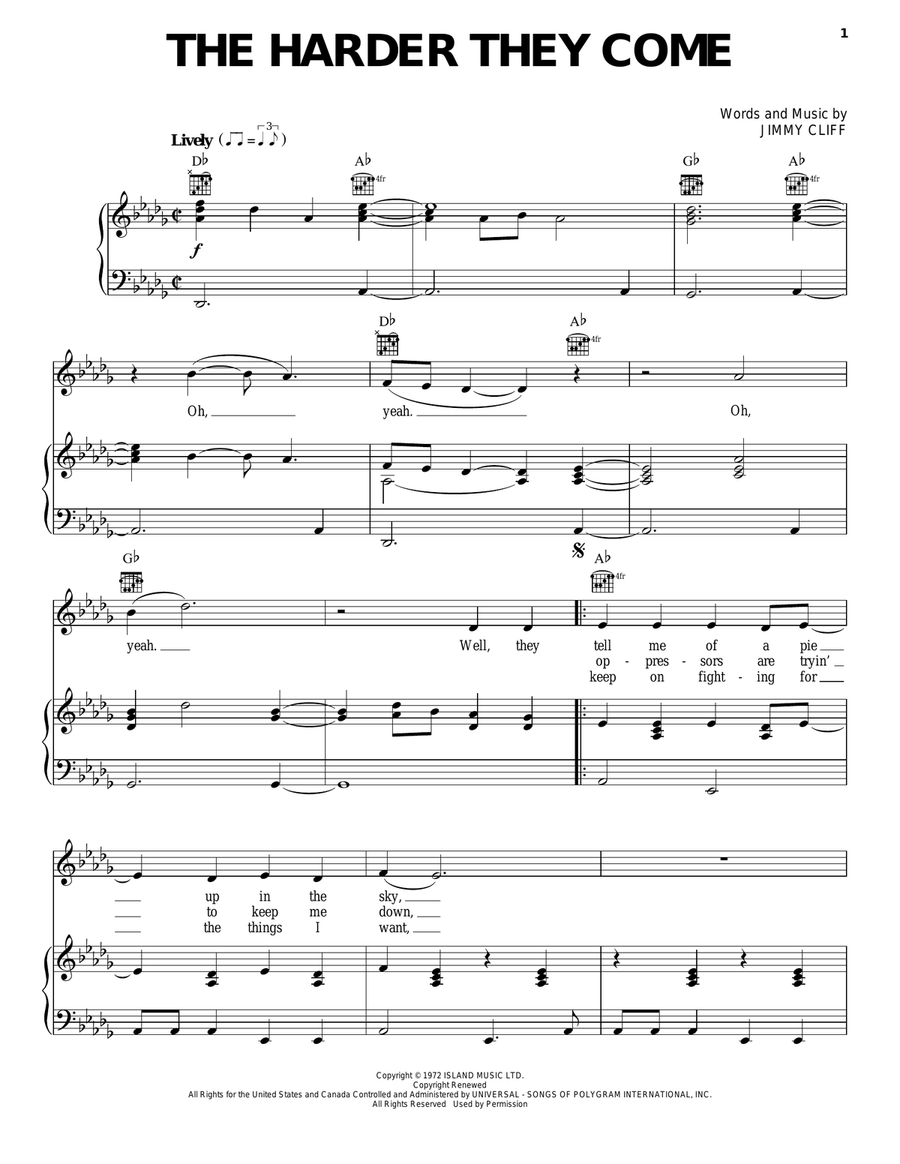 The Harder They Come Piano, Vocal, Guitar scores gallery preview page 1
